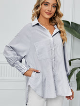 Striped Collared Neck Long Sleeve Shirt Stripe OutfitFlow